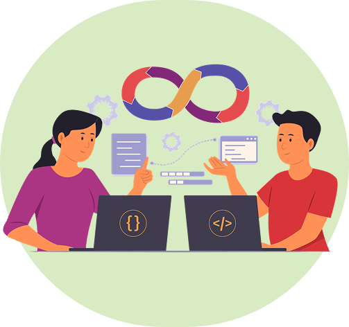 Two developers collaborating on API integration with code and data flow symbols.