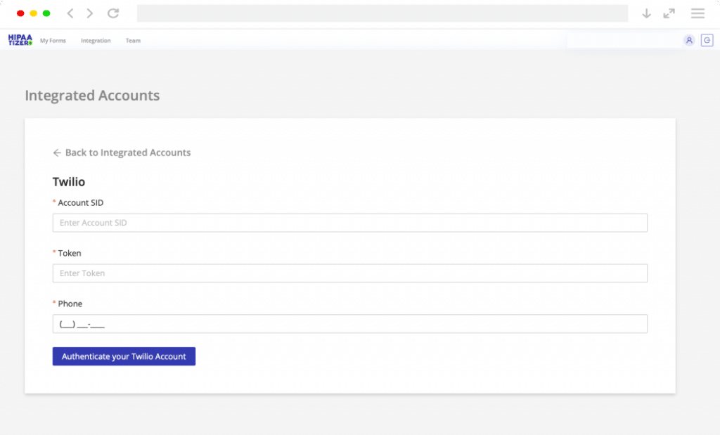 HIPAAtizer Twilio integration setup screen with Account SID, Token, and Phone fields.