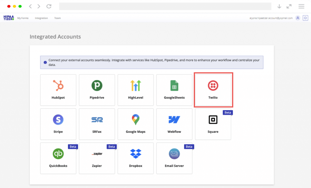 HIPAAtizer integrated accounts dashboard showing Twilio, HubSpot, Stripe, and other third-party integrations.