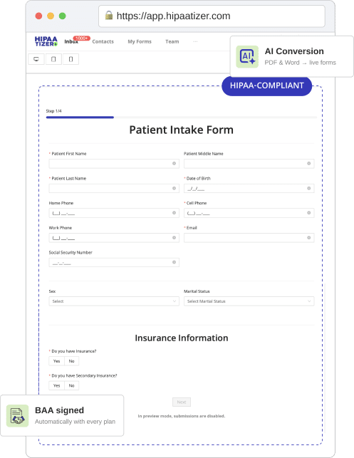 HIPAAtizer patient intake form with AI conversion feature showing personal and insurance information fields with automatic BAA signing.