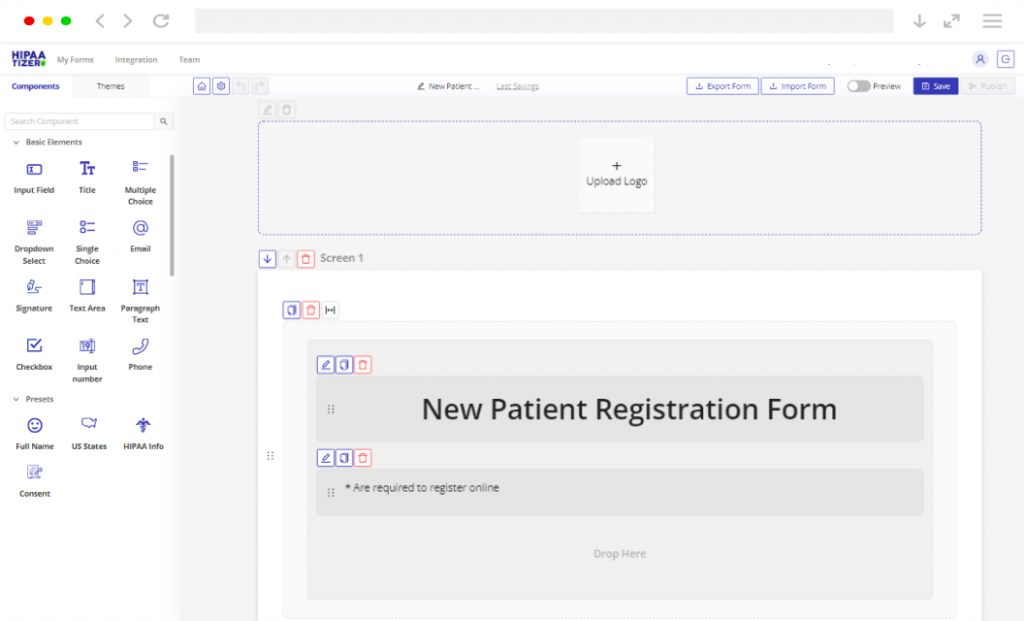 HIPAAtizer drag-and-drop form builder with new patient registration form template.