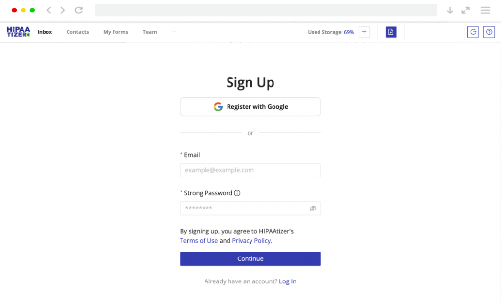 HIPAAtizer sign up page with Google registration and email options.