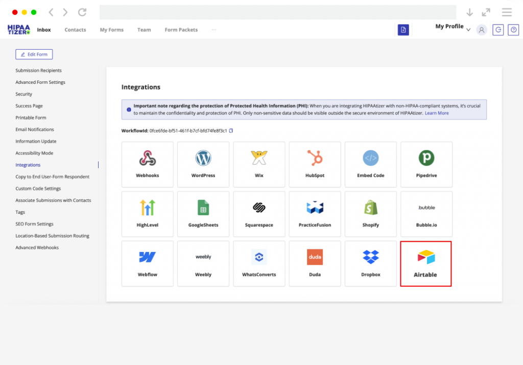 HIPAAtizer integrated accounts page showing connected apps including Google Sheets, QuickBooks, and Dropbox.