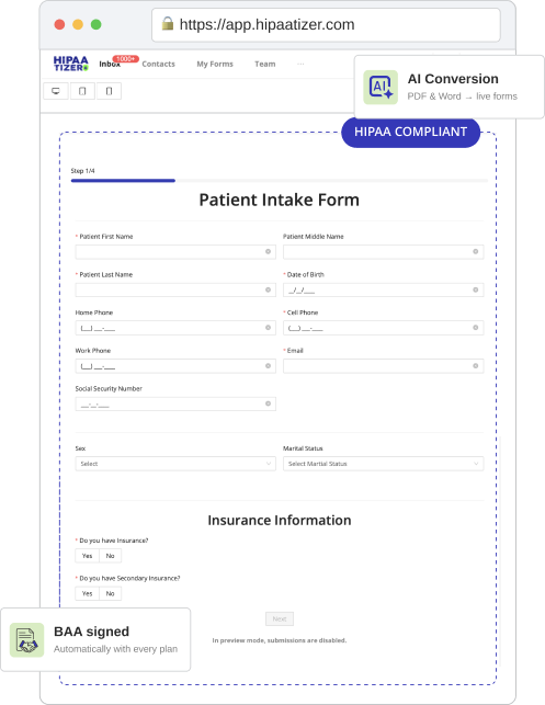 HIPAAtizer patient intake form with AI conversion feature showing personal and insurance information fields with automatic BAA signing.