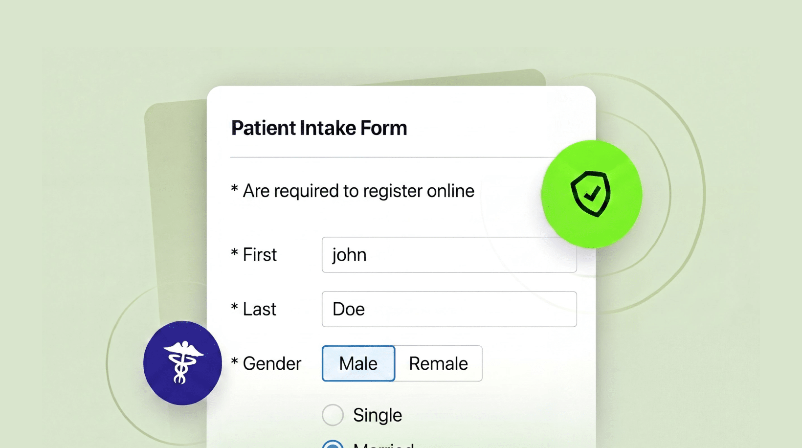HIPAA-Compliant online patient intake form with name and gender fields.
