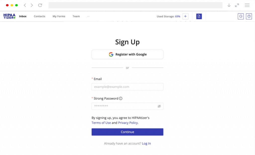 HIPAAtizer sign up page with Google registration and email options