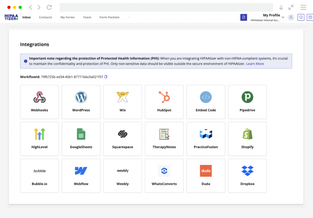 HIPAAtizer integrations page showing multiple app connectors including WordPress, Wix, and HubSpot.