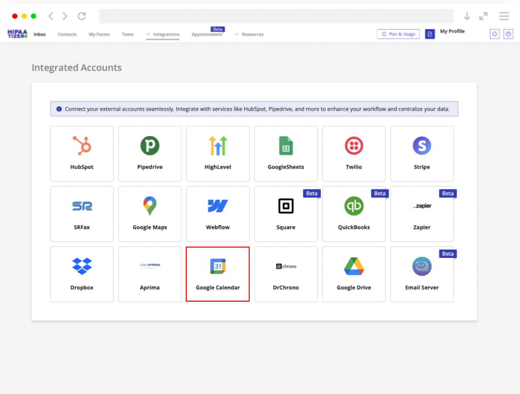 HIPAAtizer integrated accounts page with Google Calendar highlighted.