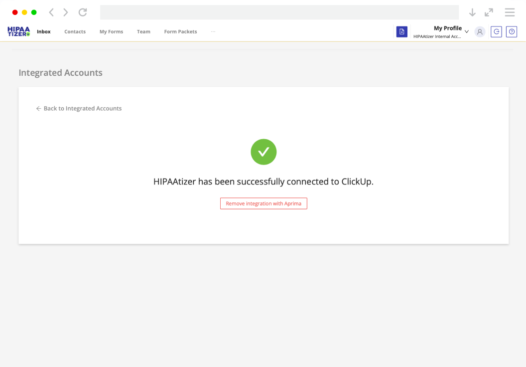 HIPAAtizer successfully connected to ClickUp confirmation screen.