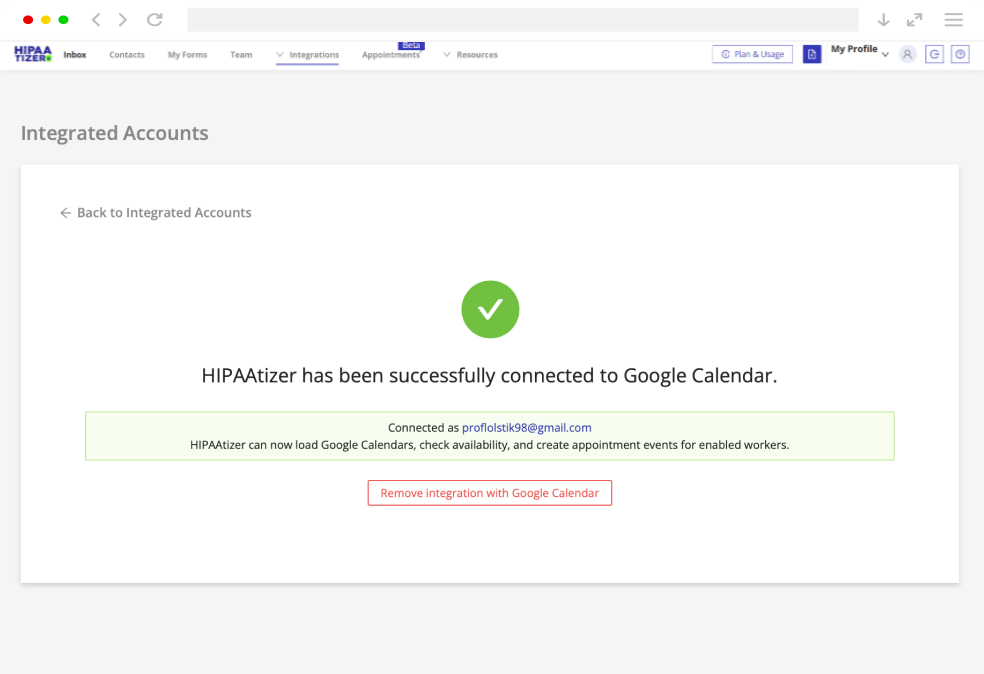 HIPAAtizer successfully connected to Google Calendar confirmation screen.