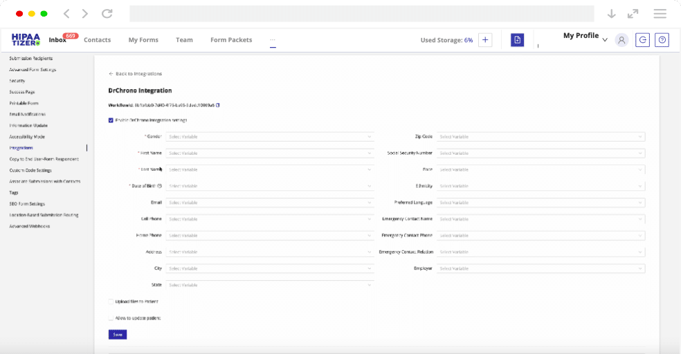 HIPAAtizer DrChrono integration field mapping configuration screen