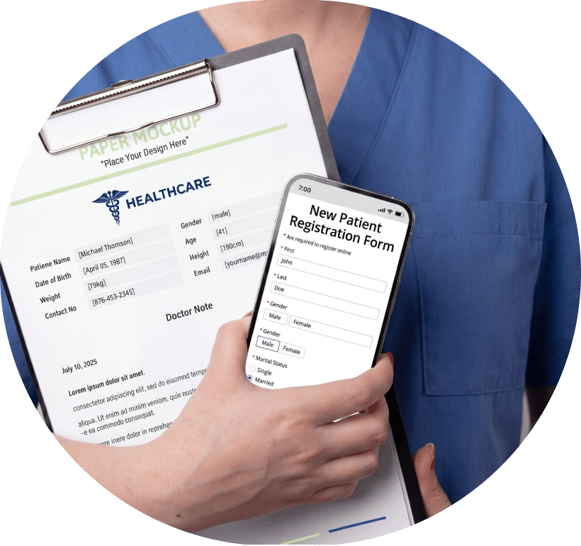 Healthcare provider holding a printed healthcare form and mobile patient registration form.