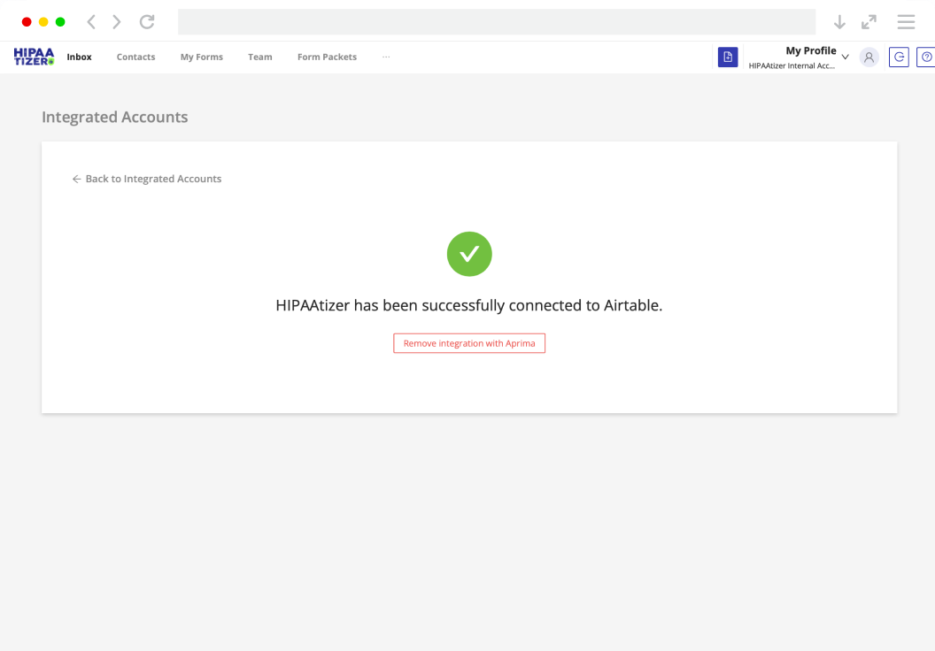 HIPAAtizer successfully connected to Airtable confirmation screen.
