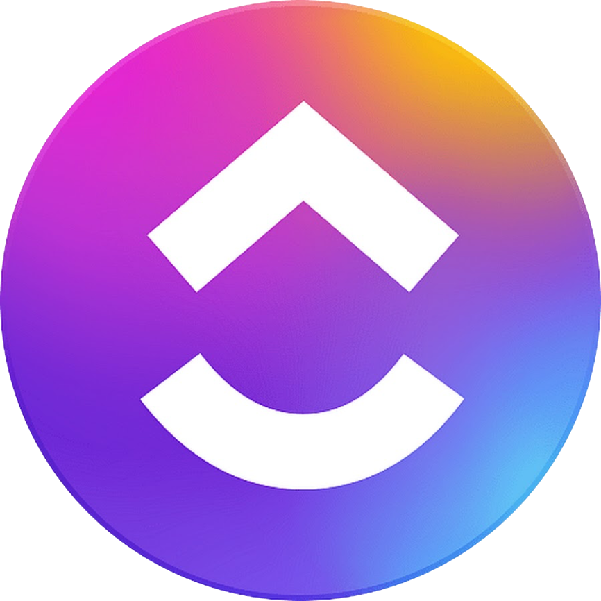 ClickUp logo with gradient purple and pink circular icon.