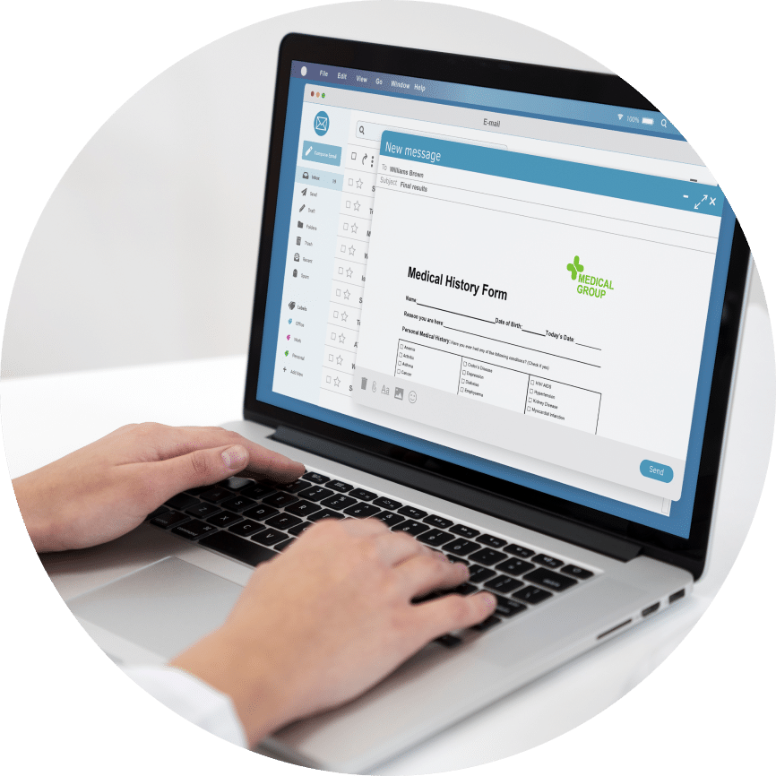 Person completing a HIPAA-Compliant medical intake form on a laptop.