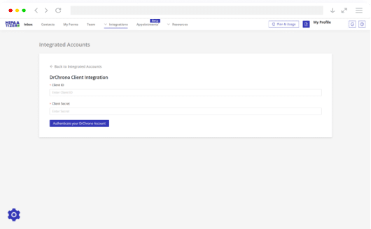 HIPAAtizer DrChrono integration setup page with Client ID and Client Secret fields