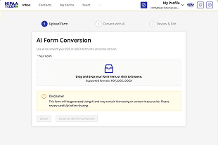 HIPAAtizer AI form conversion tool interface showing drag and drop PDF to online form builder with upload and review steps.
