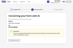 HIPAAtizer AI form conversion progress screen showing PDF to online form conversion with page-by-page processing status.