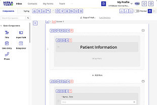 HIPAAtizer drag and drop form builder interface with patient information fields, and input components.
