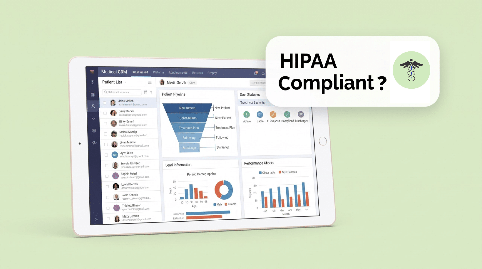 Medical CRM dashboard on tablet displaying patient pipeline and analytics with "HIPAA Compliant?" highlighting healthcare data security concerns.