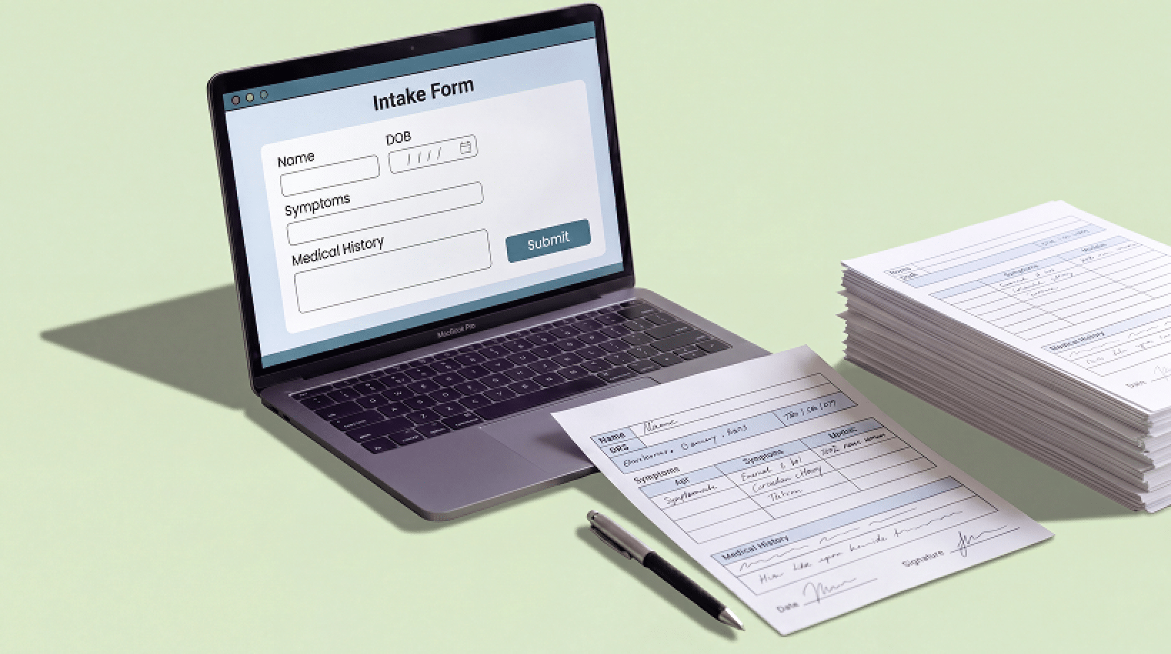 Digital patient intake form on laptop next to paper medical forms illustrating the shift from paper to online healthcare data collection.