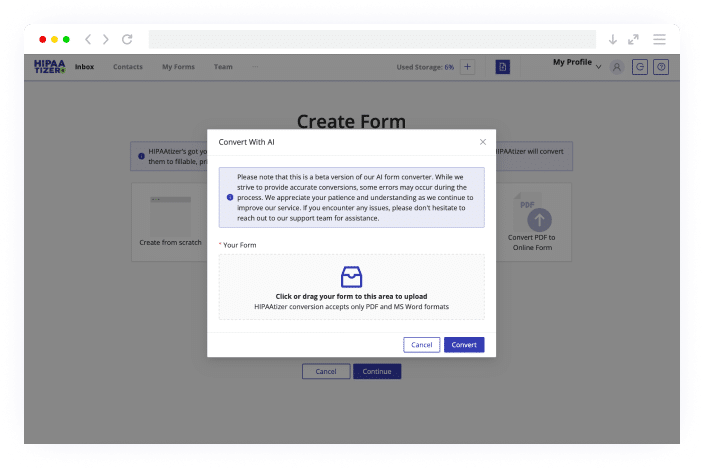 HIPAAtizer Create Form screen with drag-and-drop upload area for building HIPAA-Compliant online forms.