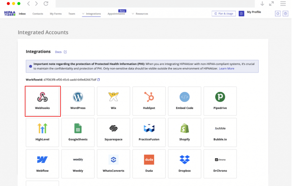 HIPAAtizer integrated accounts page with Webhooks highlighted.