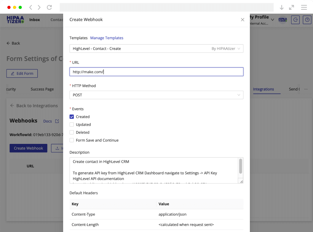 HIPAAtizer webhook configuration panel showing URL, HTTP method, and trigger event settings for HIPAA-Compliant form data automation.
