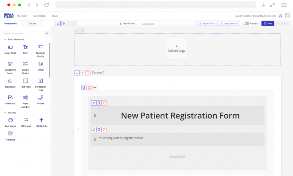 New Patient Registration Form being designed in a drag-and-drop HIPAAtizer form builder interface.