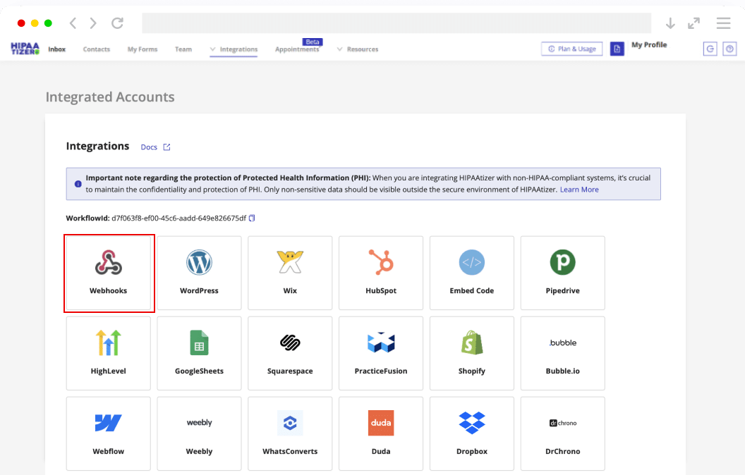 HIPAAtizer integrated accounts page with Webhooks highlighted.