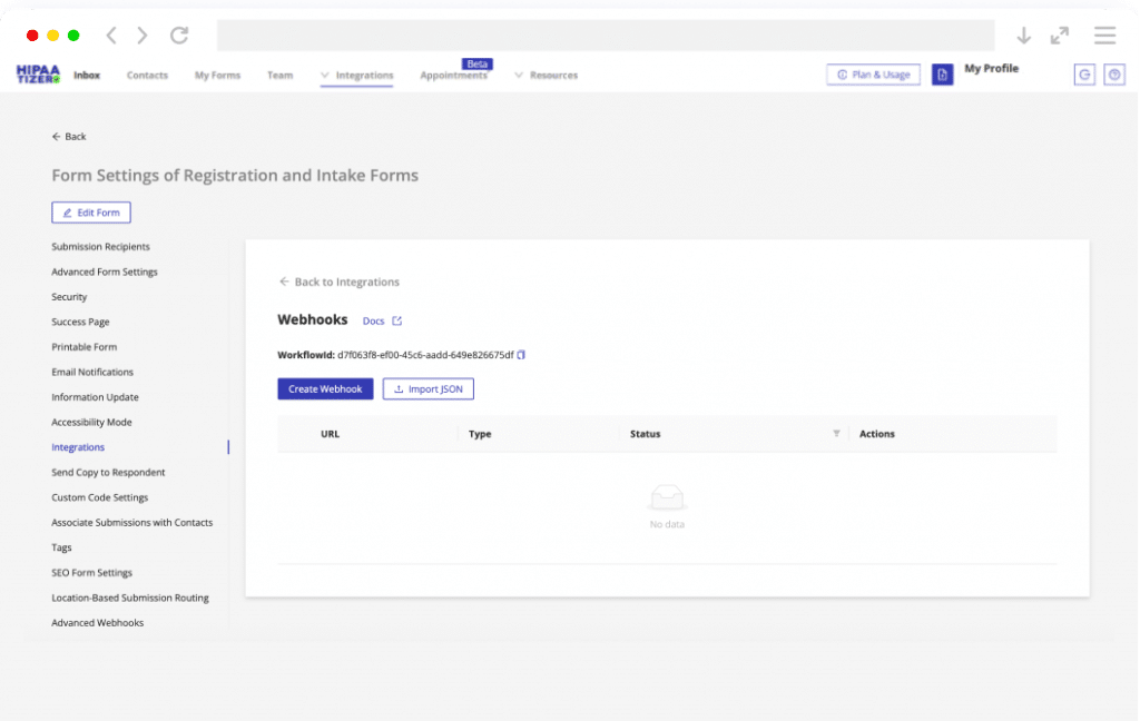 HIPAAtizer form settings page showing webhook configuration options in a medical registration and intake form management dashboard.