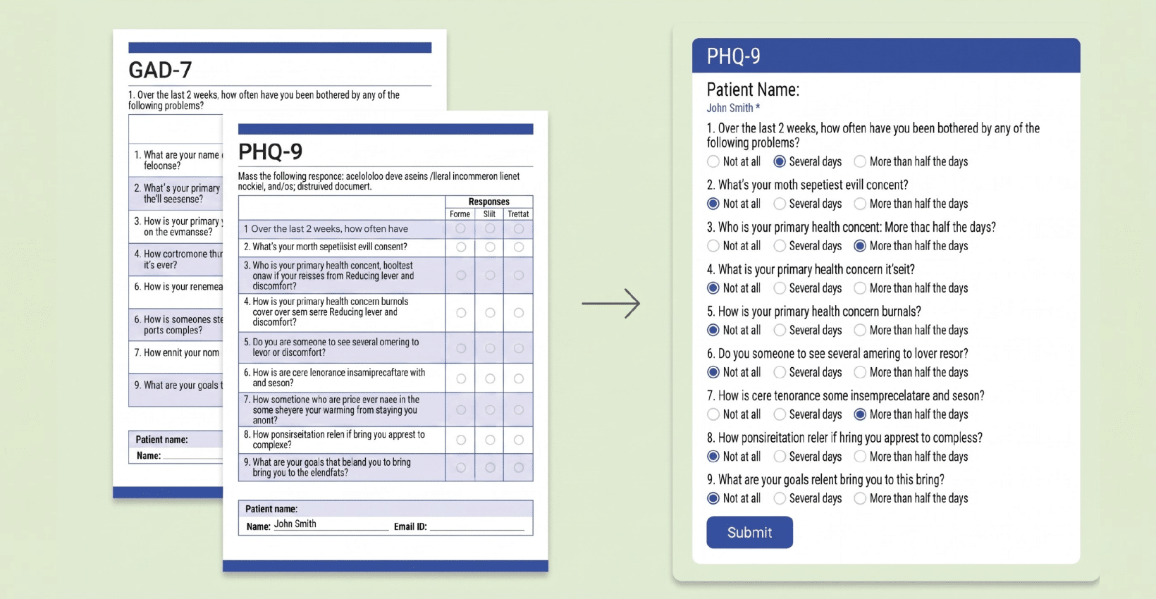 GAD-7 and PHQ-9 mental health assessment forms converted from paper to HIPAA-Compliant digital format