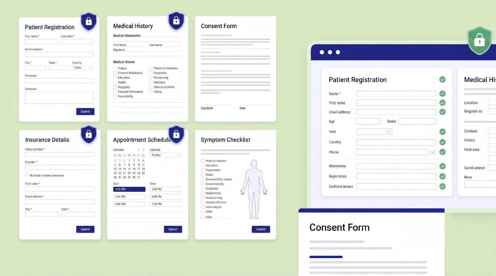 HIPAA-Compliant medical form templates including patient registration, medical history, consent, insurance, appointment scheduling, and symptom checklist.