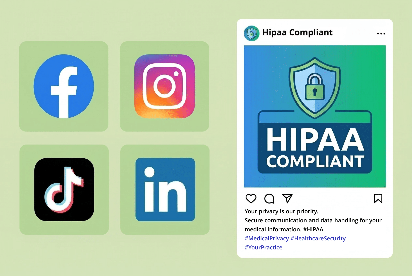 HIPAA-Compliant social media post on Instagram promoting secure patient data handling across Facebook, TikTok, and LinkedIn.