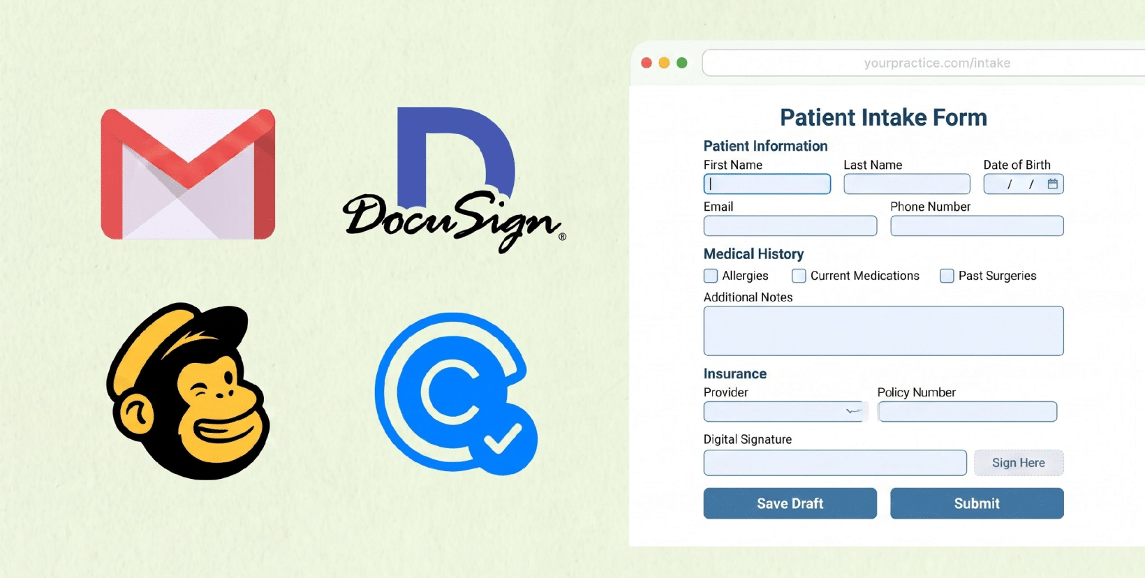HIPAA-Compliant patient intake form with Gmail, DocuSign, and email marketing integrations.