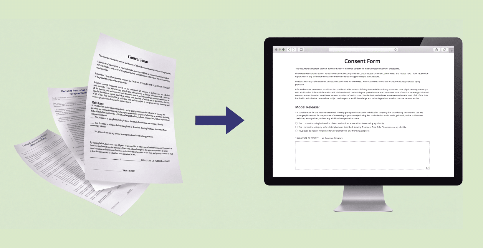 Paper consent forms digitized into an online HIPAA-Compliant consent form on desktop.