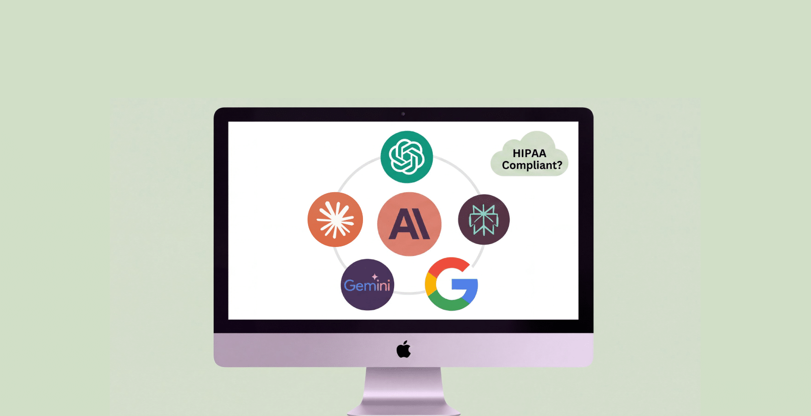 ChatGPT, Anthropic, Claude, Gemini, and Google AI logos on desktop monitor questioning HIPAA Compliance of AI tools in healthcare.