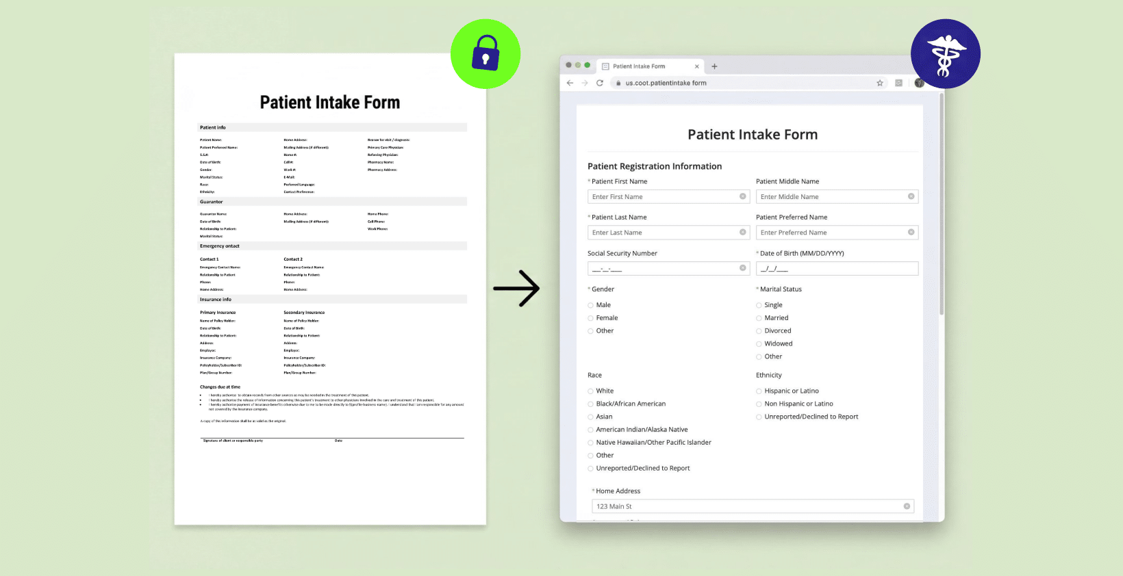 Paper patient intake form converted to a secure HIPAA-Compliant online registration form.