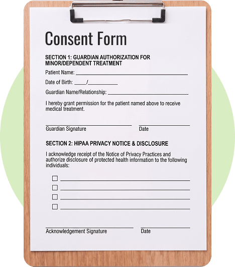 Pediatric consent form with guardian authorization and HIPAA privacy notice for minor patient treatment.