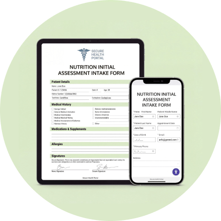 HIPAA-Compliant nutrition initial assessment intake form displayed on tablet and mobile for secure patient onboarding.