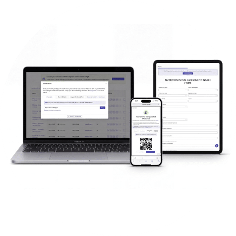HIPAAtizer nutrition intake form published and shared via QR code across laptop, mobile, and tablet devices.
