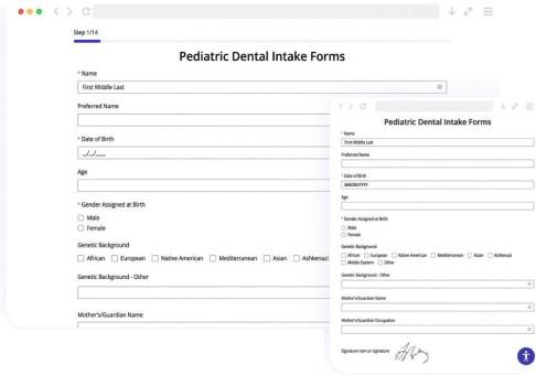 Pediatric dental intake form with demographic and guardian information shown on desktop and mobile displays.