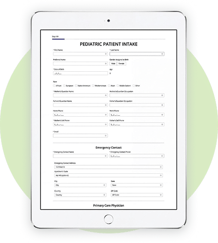 HIPAAtizer's HIPAA-Compliant pediatric patient intake form on tablet with demographics, emergency contact, and primary care physician fields.