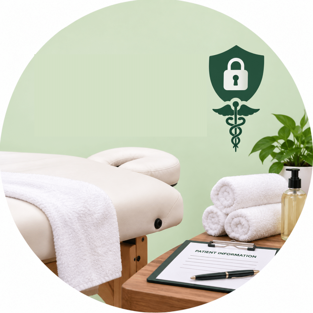 HIPAA-Compliant massage therapy practice with patient information form and secure data protection icon.
