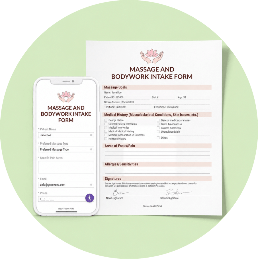 Massage and bodywork intake form shown on paper and mobile displaying medical history, focus areas, and allergy fields.