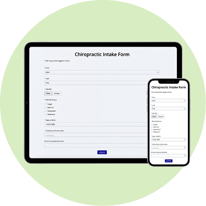 HIPAA-Compliant chiropractic intake form displayed on tablet and mobile devices.
