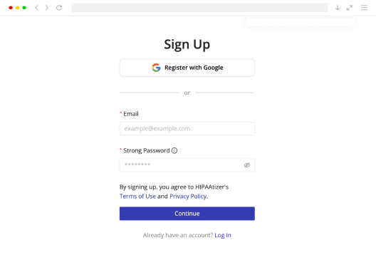 HIPAAtizer sign-up page with email and Google registration options for HIPAA-Compliant form access.