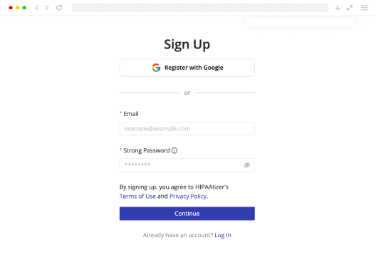 HIPAAtizer sign-up page with email and Google registration options for HIPAA-Compliant form access.