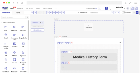 HIPAAtizer drag-and-drop medical history form builder with component library including signature, SSN, and file upload fields.