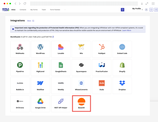 HIPAAtizer integrations dashboard showing connections with Base44, WordPress, HubSpot, Google Sheets, Dropbox, and other platforms.